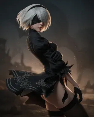 Digital illustration of 2B from NieR: Automata in a ballet-like dynamic pose balancing on one foot with the other leg extended, black gothic dress with feathered accents.