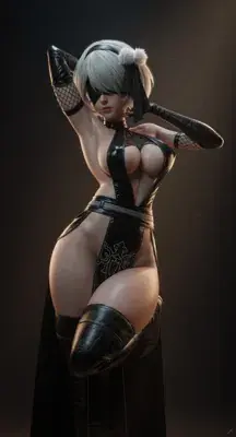 3D render of 2B from NieR: Automata in a dynamic pose with one arm raised, wearing a black bodysuit with cutouts, fishnet-sleeve gloves, thigh-high boots and a blindfold.