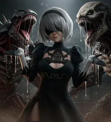 3D render of a silver-haired, blindfolded 2B from NieR: Automata standing with both hands outstretched palms-up as viscous liquid drips from her fingers, against a dark abstract background.