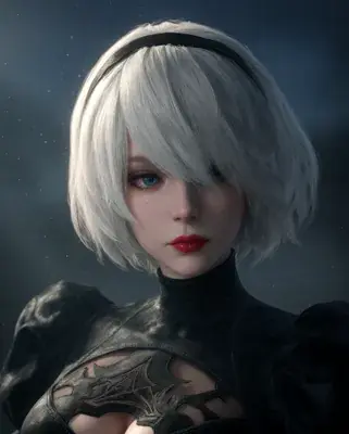 Fantasy digital illustration of a 2B-style silver-haired figure flanked by a blonde angel in white wings and a red-skinned devil with horns, standing in an overgrown stone ruin.
