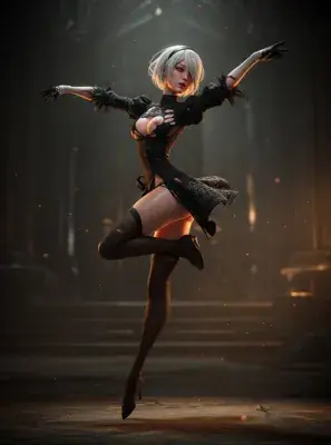 Anime-style illustration of 2B from NieR: Automata in a balletic dynamic stance with one leg lifted and arms outstretched, black gothic dress with cutouts and feathered-cuff gloves.