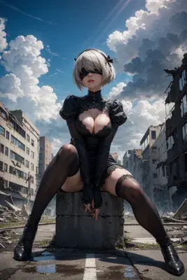 Anime-style illustration of 2B from NieR: Automata standing dynamically with a sword strapped across her back, black cropped top with cutout and lace-trimmed puffed sleeves.