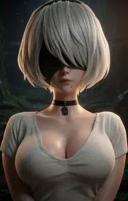 Anime-style illustration of 2B from NieR: Automata wearing a white fox mask with red markings and a tassel, in a dynamic bent-forward pose on a bed in a black gothic dress.