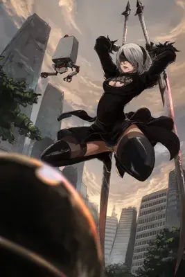 Energetic anime-style illustration of 2B from NieR: Automata in a dynamic mid-air leap with arms raised, black gothic dress with chest cutout and a white blindfold.