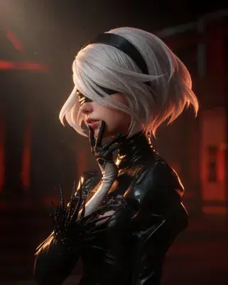 Dark moody digital illustration of a silver-haired 2B from NieR: Automata in side-profile holding a spiky dark weapon, high-collared black leather outfit and gloves.