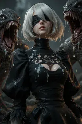 3D render of a silver-haired, blindfolded 2B from NieR: Automata seated cross-legged in a zippered cropped jacket and skirt, with a glowing blue stripe through the hair against a neon-lit background.