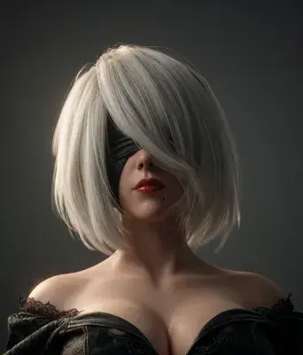 3D render of a silver-haired, blindfolded 2B from NieR: Automata in a dramatic backbend with legs spread and one hand on the ground, black gothic dress with chest cutout and feathered cuffs.