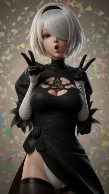 Anime-style illustration of a silver-haired 2B from NieR: Automata raising both hands in peace signs, wearing a black gothic dress with heart-shaped cutouts and a chest emblem.