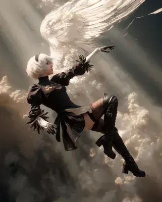 Stylized digital illustration of 2B from NieR: Automata in a black gothic outfit with puffed sleeves and feathered cuffs, patterned short skirt and fishnet tights, dynamic mid-air pose.