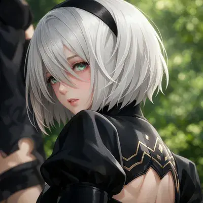 3D render of a silver-haired, blindfolded 2B from NieR: Automata in a backbend pose with one arm extended upward, black gothic dress with chest cutout and feathered-cuff puffed sleeves.