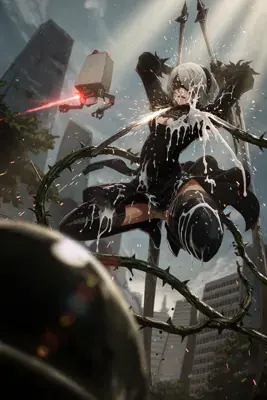 3D render of a silver-haired, blindfolded 2B from NieR: Automata in a confident turned stance with hand on hip, black cropped top with cutout, puffed sleeves, gloves and thigh-high boots.