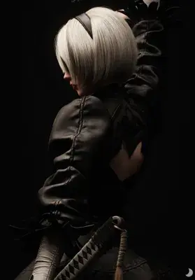 Anime-style illustration of a silver-haired, blindfolded 2B from NieR: Automata in a dramatic arched stance with legs apart and one arm raised behind the head, black gothic dress.