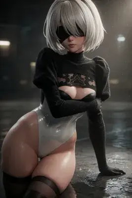 3D render of a silver-haired, blindfolded 2B from NieR: Automata in a confident slightly-turned stance with hand on hip, black gothic dress with deep chest cutout and puffed sleeves.