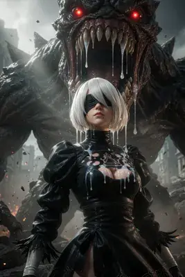 Anime-style illustration of a silver-haired, blindfolded 2B from NieR: Automata in a dramatic wide-legged action stance with one arm raised, black gothic dress with chest cutout.