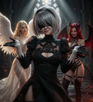 3D render of a silver-haired, blindfolded 2B from NieR: Automata standing with head tilted back as rain falls around her, warm bokeh of distant lights blurring in the background.