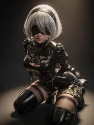 Anime-style illustration of a silver-haired, blindfolded 2B from NieR: Automata in a dynamic arched pose with legs apart and one arm raised, black gothic dress with puffed sleeves and a high slit.