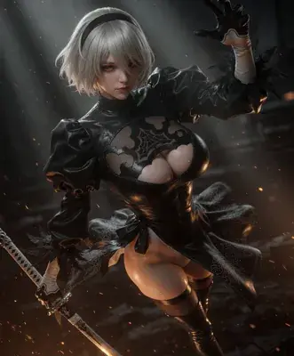 3D render of a silver-haired, blindfolded 2B from NieR: Automata in a dynamic twisted mid-stride pose with one arm extended, black gothic dress with chest cutout and thigh-high boots.