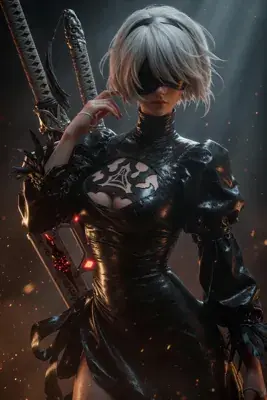 Anime-style illustration of a silver-haired, blindfolded 2B from NieR: Automata in a dynamic backbend with one arm raised and legs spread, black gothic dress with puffed sleeves and white-striped boots.