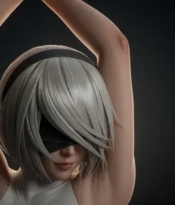 Anime-style illustration of a silver-haired 2B from NieR: Automata in a dynamic action stance with one arm raised and the other extended as if casting, black gothic dress with feathered cuffs.