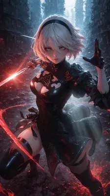 Digital illustration of 2B from NieR: Automata kneeling on one knee gripping a glowing red sword held high, the other hand raised in a magical gesture, against a dark ruined cityscape.