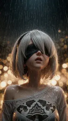 Digital illustration of a silver-haired, blindfolded 2B from NieR: Automata standing with head tilted toward a glowing cross, flanked by an angel and a devil, in a dim industrial setting.