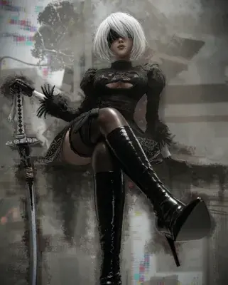 Soft digital illustration of a silver-haired, blindfolded 2B from NieR: Automata standing in a relaxed front-facing pose with hands clasped, in a sunlit lush green forest with dappled canopy light.