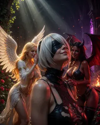 Epic atmospheric digital illustration of a silver-haired, blindfolded 2B from NieR: Automata standing in a confident wide stance amid vast ruined overgrown columns, rubble and greenery, shafts of light piercing a high ceiling.