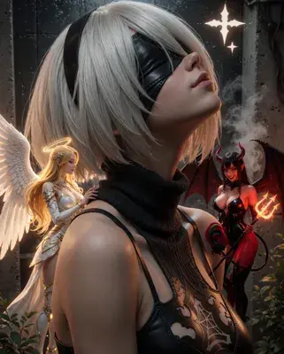 Richly detailed digital illustration of a white-haired, blindfolded 2B from NieR: Automata standing with head tilted back between a white-winged angel and a red-winged devil, in a gothic environment with fire and purple architecture.