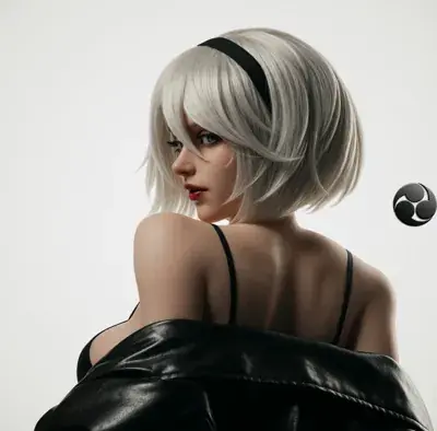 Clean portrait of a silver-haired character looking back over her left shoulder, back partially exposed under a black leather jacket over a spaghetti-strap top, against a plain studio background.