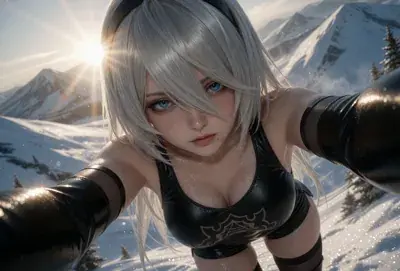 Cheerful digital illustration of a silver-haired, blindfolded 2B from NieR: Automata leaning forward in a selfie pose, in a black gothic dress and thigh-high boots against a bright snowy mountain landscape.