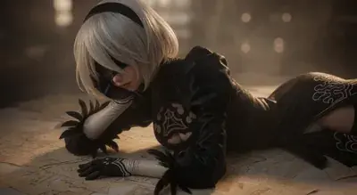 Gentle digital illustration of a silver-haired, black-masked 2B from NieR: Automata posing with a gloved finger near her lips and a bright blue bird perched on her chest, against a softly lit blurred urban nightscape with bokeh.