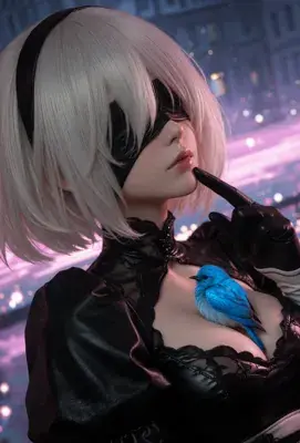 Polished digital illustration close-up of a silver-haired, blindfolded 2B from NieR: Automata with lips parted and clear liquid dripping, against a softly lit blurred background with low-key lighting and soft bokeh.