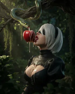 Richly detailed dark-fantasy digital illustration of a white-haired, black-leather-outfitted 2B from NieR: Automata leaning back to lick a dripping red apple held by a snake coiled on a branch above, in a lush dim forest.