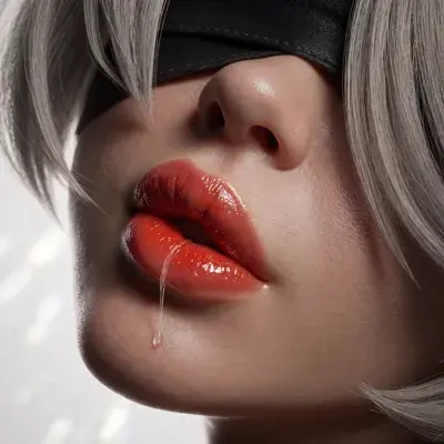 Polished digital illustration or 3D render of a silver-haired, blindfolded 2B from NieR: Automata posed with lips parted and clear liquid dripping, against a softly lit blurred background with gentle low-key lighting and smooth bokeh.