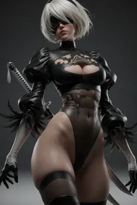 Digital illustration of 2B (YoRHa No.2 Type B) from NieR: Automata wearing a black gothic-lolita outfit with a blindfold and holding a sword.