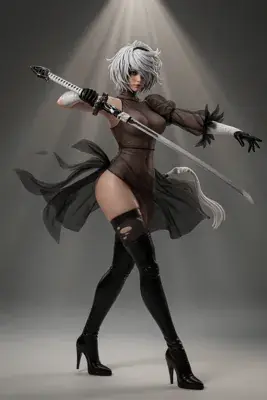 2B (YoRHa No.2 Type B) from NieR: Automata depicted in a gothic-lolita style outfit with a blindfold and sword, standing under dramatic lighting.