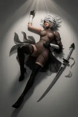 Fan art of 2B (YoRHa No.2 Type B) from NieR: Automata, depicted lying on a surface with a sword and blindfolded.