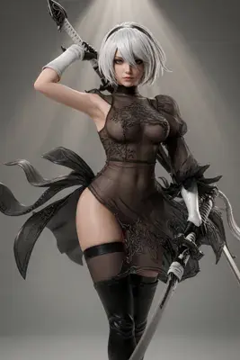 Digital illustration of 2B (YoRHa No.2 Type B) from NieR: Automata wearing a gothic-lolita style outfit with a blindfold and holding swords.