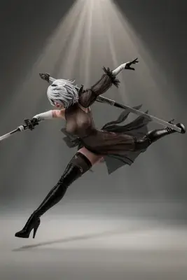 A digital illustration of 2B (YoRHa No.2 Type B) from NieR: Automata, depicted in a dynamic combat pose with dual swords under dramatic lighting.
