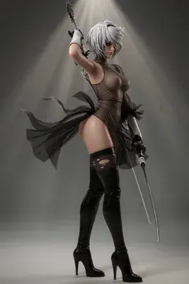 Fan art of 2B (YoRHa No.2 Type B) from NieR: Automata, depicted in a gothic-lolita style with a blindfold and combat pose.