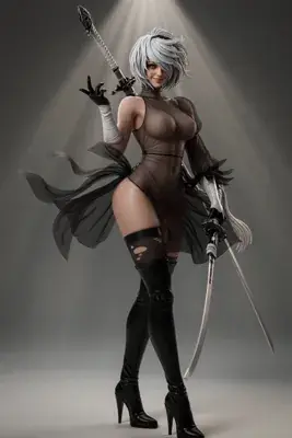 Digital illustration of 2B (YoRHa No.2 Type B) from NieR: Automata wearing a gothic-lolita style outfit with a blindfold and dual swords.