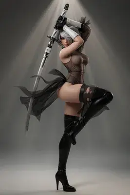 A digital illustration of 2B (YoRHa No.2 Type B) from NieR: Automata, depicted in a gothic-lolita style with a blindfold and sword.
