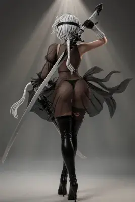 Fan art of 2B (YoRHa No.2 Type B) from NieR: Automata, depicted in a gothic-lolita style with a blindfold and sword.