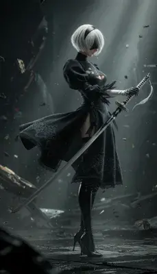 Digital illustration of 2B (YoRHa No.2 Type B) from NieR: Automata standing with a sword in a post-apocalyptic setting.
