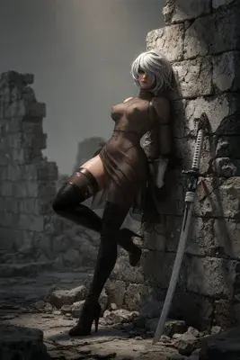 Fan art of 2B (YoRHa No.2 Type B) from NieR: Automata leaning against a stone ruin with her sword, wearing a gothic-lolita outfit and blindfold.