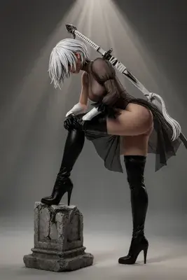Fan art of 2B (YoRHa No.2 Type B) from NieR: Automata, depicted in a gothic-lolita outfit with a blindfold and sword in a dramatic studio setting.