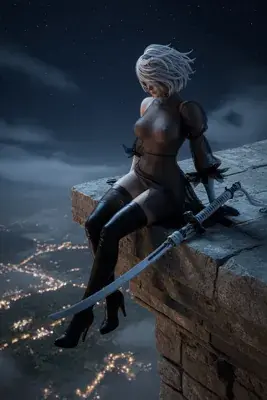 A digital illustration of 2B (YoRHa No.2 Type B) from NieR: Automata sitting on a stone ledge at night, overlooking a cityscape.