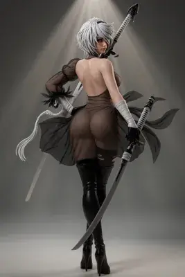 Digital illustration of 2B (YoRHa No.2 Type B) from NieR: Automata, shown in a gothic-lolita outfit with a blindfold and swords.