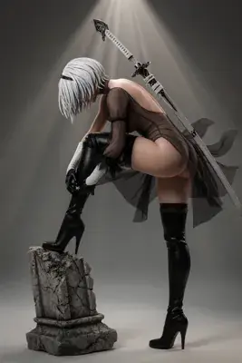 A digital illustration of 2B from NieR: Automata, depicted in a gothic-lolita outfit with a blindfold and sword, standing on a stone block in a dramatic pose.