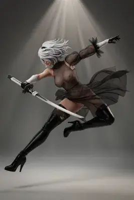 Digital illustration of 2B (YoRHa No.2 Type B) from NieR: Automata, depicted in a dynamic combat pose with a sword and blindfold.